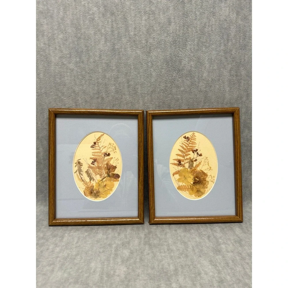 VTG Set of 2 Framed Dried Pressed Fern Flowers Botanical‎ Art Oval Cottagecore